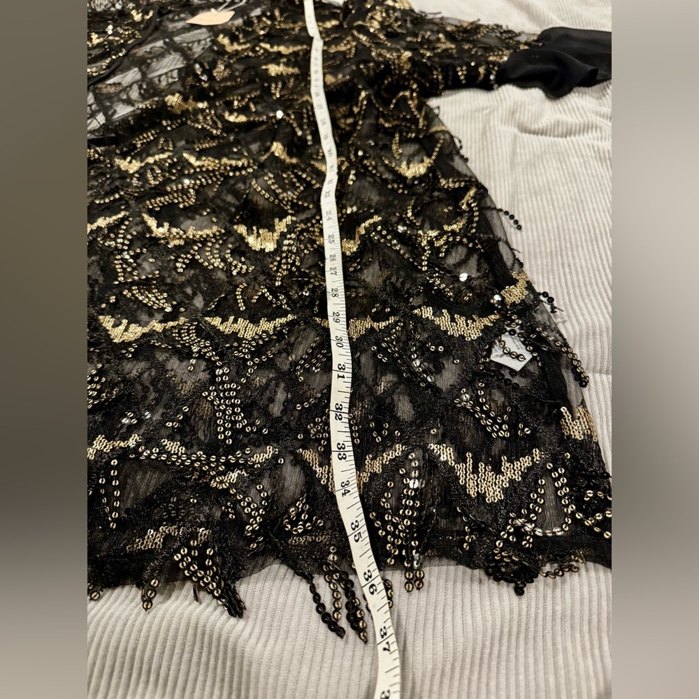 NWT BloomChic Sheer Black and Gold Sequined Duster - Picture 7 of 9
